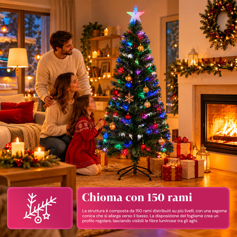 Kerstboom van glasvezel met lichteffecten en stervormige piek, 2 hoogtes van 120 en 180 cm, takken van pvc, voeding met transformator