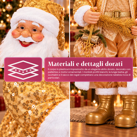 Dansende kerstman van 130 cm met muziek, gouden kerstbeeld dat danst, lacht en zingt, meerdere standen en melodieën, te vullen voet, adapter inbegrepen
