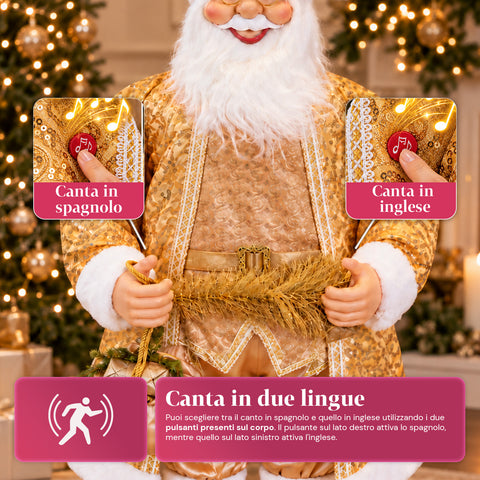 Dansende kerstman van 130 cm met muziek, gouden kerstbeeld dat danst, lacht en zingt, meerdere standen en melodieën, te vullen voet, adapter inbegrepen