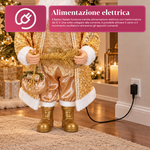 Dansende kerstman van 130 cm met muziek, gouden kerstbeeld dat danst, lacht en zingt, meerdere standen en melodieën, te vullen voet, adapter inbegrepen