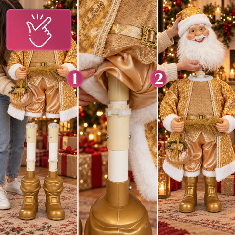 Dansende kerstman van 130 cm met muziek, gouden kerstbeeld dat danst, lacht en zingt, meerdere standen en melodieën, te vullen voet, adapter inbegrepen