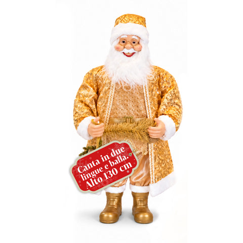 Dansende kerstman van 130 cm met muziek, gouden kerstbeeld dat danst, lacht en zingt, meerdere standen en melodieën, te vullen voet, adapter inbegrepen