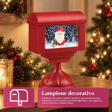Decoratieve kerstlantaarn in de vorm van een brievenbus met sneeuweffect, ledverlichting en muziek, 2 varianten: kerstman of beertje, hoogte 41 cm, op batterijen
