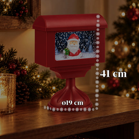Decoratieve kerstlantaarn in de vorm van een brievenbus met sneeuweffect, ledverlichting en muziek, 2 varianten: kerstman of beertje, hoogte 41 cm, op batterijen