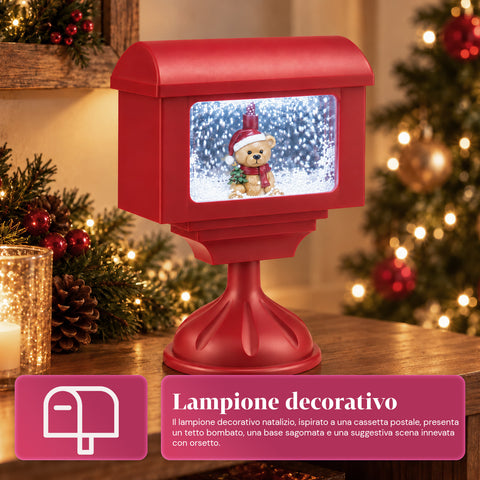 Decoratieve kerstlantaarn in de vorm van een brievenbus met sneeuweffect, ledverlichting en muziek, 2 varianten: kerstman of beertje, hoogte 41 cm, op batterijen