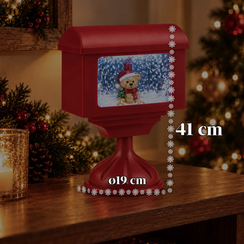 Decoratieve kerstlantaarn in de vorm van een brievenbus met sneeuweffect, ledverlichting en muziek, 2 varianten: kerstman of beertje, hoogte 41 cm, op batterijen