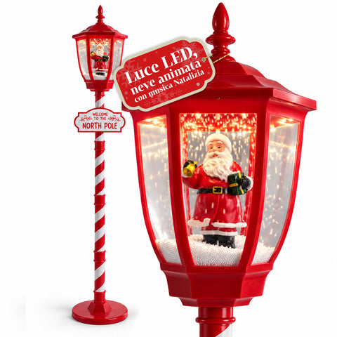 Rode kerstlantaarn van 180 cm met sneeuw, ledverlichting en muziek, 2 varianten: kerstman of beertje, glaskugeleffect, kerstdecoratie voor op de grond