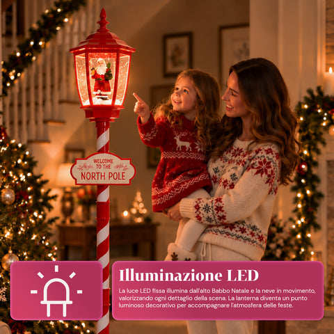 Rode kerstlantaarn van 180 cm met sneeuw, ledverlichting en muziek, 2 varianten: kerstman of beertje, glaskugeleffect, kerstdecoratie voor op de grond