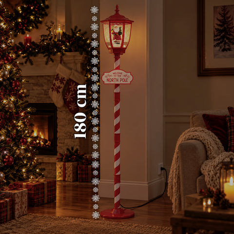 Rode kerstlantaarn van 180 cm met sneeuw, ledverlichting en muziek, 2 varianten: kerstman of beertje, glaskugeleffect, kerstdecoratie voor op de grond