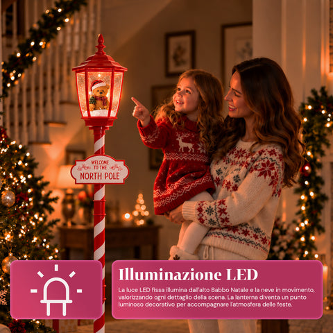 Rode kerstlantaarn van 180 cm met sneeuw, ledverlichting en muziek, 2 varianten: kerstman of beertje, glaskugeleffect, kerstdecoratie voor op de grond