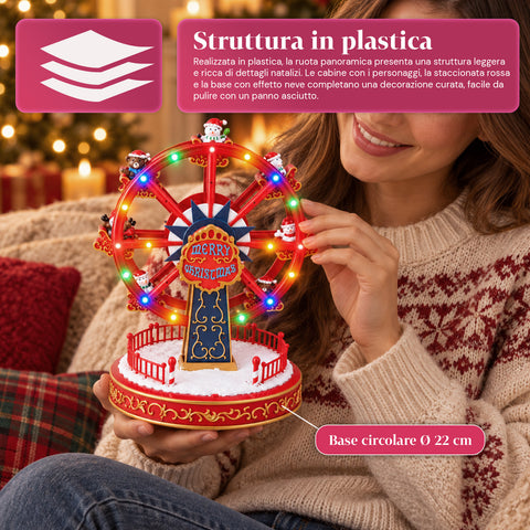 Kerstreuzenrad met ledverlichting, muziek en roterende beweging, 2 kleuren, geanimeerde kerstdecoratie, hoogte 26 cm, basis 22 cm, kunststof