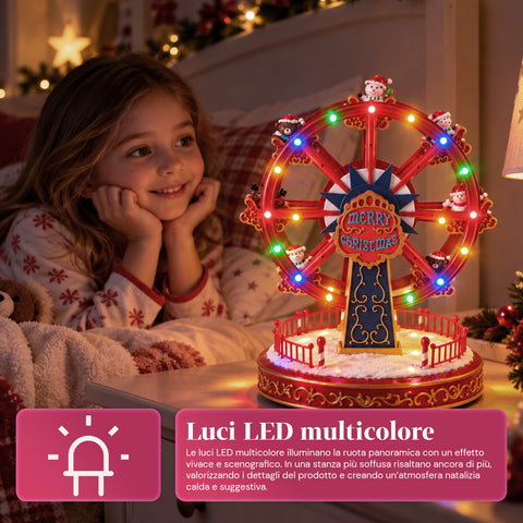 Kerstreuzenrad met ledverlichting, muziek en roterende beweging, 2 kleuren, geanimeerde kerstdecoratie, hoogte 26 cm, basis 22 cm, kunststof