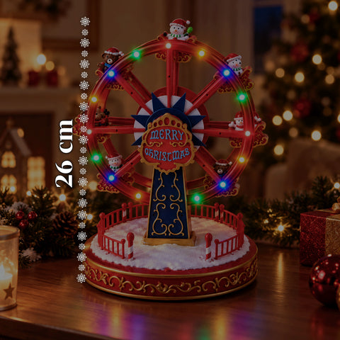 Kerstreuzenrad met ledverlichting, muziek en roterende beweging, 2 kleuren, geanimeerde kerstdecoratie, hoogte 26 cm, basis 22 cm, kunststof