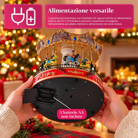 Kerstreuzenrad met ledverlichting, muziek en roterende beweging, 2 kleuren, geanimeerde kerstdecoratie, hoogte 26 cm, basis 22 cm, kunststof