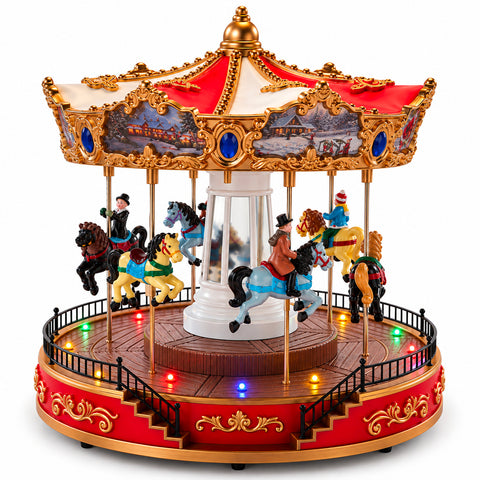 Kerstreuzenrad met ledverlichting, muziek en roterende beweging, 2 kleuren, geanimeerde kerstdecoratie, hoogte 26 cm, basis 22 cm, kunststof