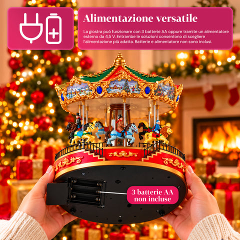 Kerstreuzenrad met ledverlichting, muziek en roterende beweging, 2 kleuren, geanimeerde kerstdecoratie, hoogte 26 cm, basis 22 cm, kunststof