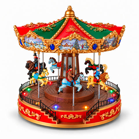 Kerstreuzenrad met ledverlichting, muziek en roterende beweging, 2 kleuren, geanimeerde kerstdecoratie, hoogte 26 cm, basis 22 cm, kunststof