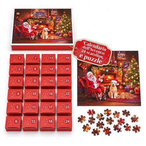 Puzzel-adventskalender met 1008 stukjes om in 24 dagen te leggen, kersttafereel met de kerstman en een hond, uiteindelijke puzzel van 70x50 cm