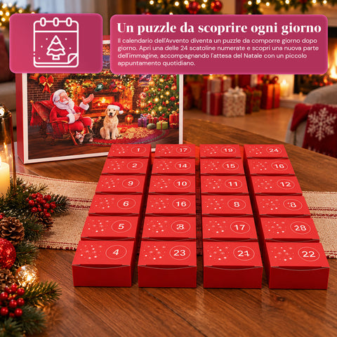 Puzzel-adventskalender met 1008 stukjes om in 24 dagen te leggen, kersttafereel met de kerstman en een hond, uiteindelijke puzzel van 70x50 cm