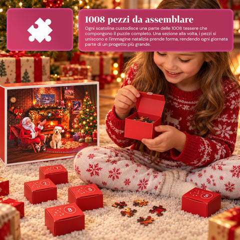 Puzzel-adventskalender met 1008 stukjes om in 24 dagen te leggen, kersttafereel met de kerstman en een hond, uiteindelijke puzzel van 70x50 cm