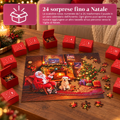 Puzzel-adventskalender met 1008 stukjes om in 24 dagen te leggen, kersttafereel met de kerstman en een hond, uiteindelijke puzzel van 70x50 cm