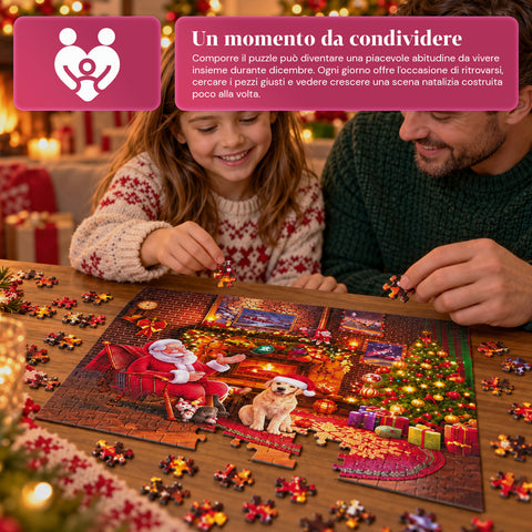Puzzel-adventskalender met 1008 stukjes om in 24 dagen te leggen, kersttafereel met de kerstman en een hond, uiteindelijke puzzel van 70x50 cm
