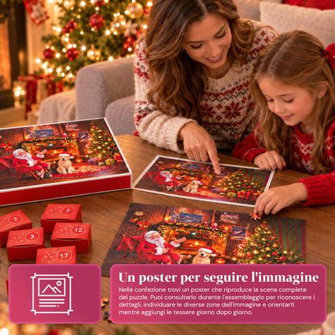 Puzzel-adventskalender met 1008 stukjes om in 24 dagen te leggen, kersttafereel met de kerstman en een hond, uiteindelijke puzzel van 70x50 cm