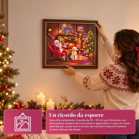 Puzzel-adventskalender met 1008 stukjes om in 24 dagen te leggen, kersttafereel met de kerstman en een hond, uiteindelijke puzzel van 70x50 cm