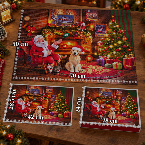 Puzzel-adventskalender met 1008 stukjes om in 24 dagen te leggen, kersttafereel met de kerstman en een hond, uiteindelijke puzzel van 70x50 cm