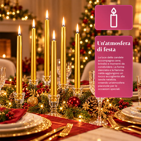 Slanke kerstkaarsen voor tafeldecoraties en kandelaars, set van 6, 2 kleuren, hoogte 20 cm, paraffinewas, glanzende afwerking met metallic effect