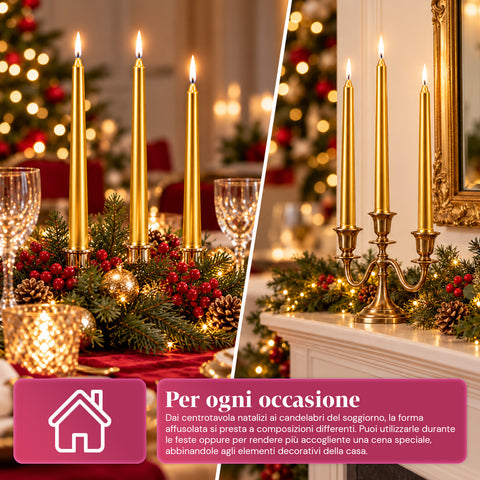 Slanke kerstkaarsen voor tafeldecoraties en kandelaars, set van 6, 2 kleuren, hoogte 20 cm, paraffinewas, glanzende afwerking met metallic effect
