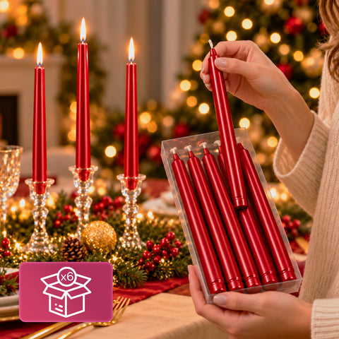 Slanke kerstkaarsen voor tafeldecoraties en kandelaars, set van 6, 2 kleuren, hoogte 20 cm, paraffinewas, glanzende afwerking met metallic effect