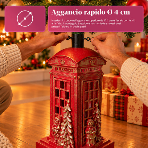 Kerstboomstandaard in de vorm van een Engelse telefooncel met ledverlichting, gouden kerstman en kerstboompje, universele opening van 4 cm, voor stammen tot 180 cm