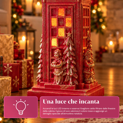 Kerstboomstandaard in de vorm van een Engelse telefooncel met ledverlichting, gouden kerstman en kerstboompje, universele opening van 4 cm, voor stammen tot 180 cm