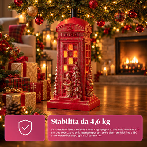 Kerstboomstandaard in de vorm van een Engelse telefooncel met ledverlichting, gouden kerstman en kerstboompje, universele opening van 4 cm, voor stammen tot 180 cm