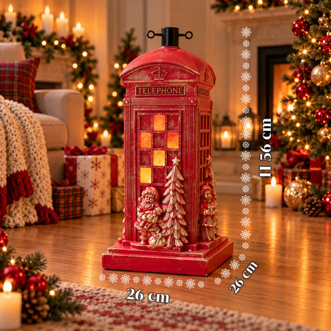 Kerstboomstandaard in de vorm van een Engelse telefooncel met ledverlichting, gouden kerstman en kerstboompje, universele opening van 4 cm, voor stammen tot 180 cm