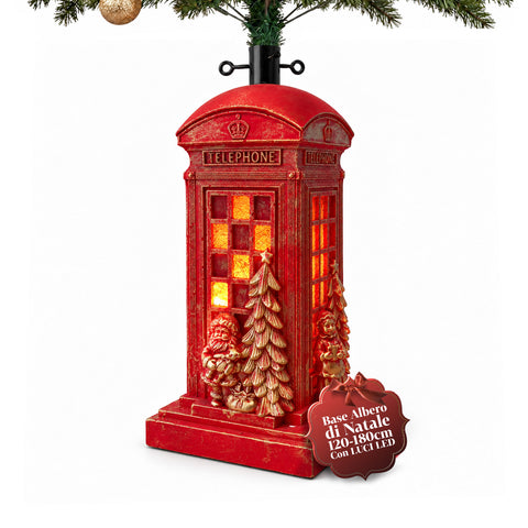 Kerstboomstandaard in de vorm van een Engelse telefooncel met ledverlichting, gouden kerstman en kerstboompje, universele opening van 4 cm, voor stammen tot 180 cm