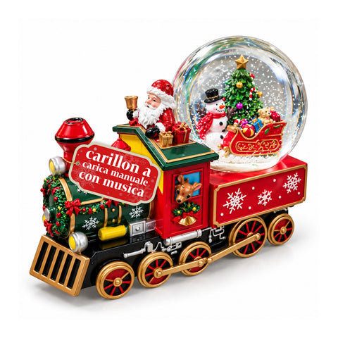 Kerstmuziekdoos met een glazen sneeuwbol in de vorm van een locomotief, de kerstman in de trein, mechanisch opwindbaar, afmetingen 22x13x17,5 cm
