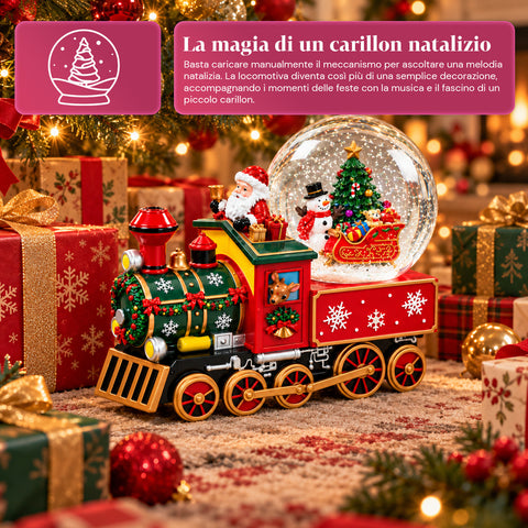 Kerstmuziekdoos met een glazen sneeuwbol in de vorm van een locomotief, de kerstman in de trein, mechanisch opwindbaar, afmetingen 22x13x17,5 cm