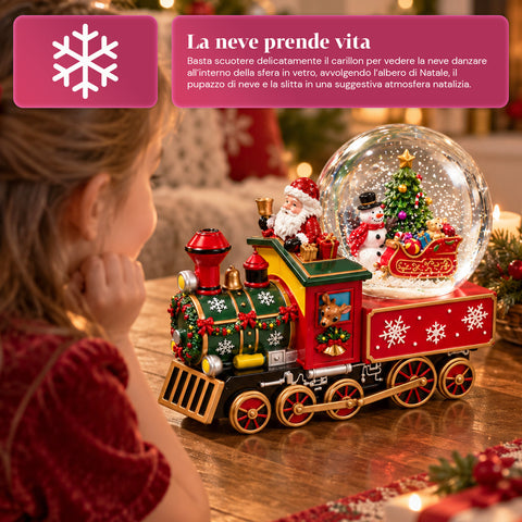 Kerstmuziekdoos met een glazen sneeuwbol in de vorm van een locomotief, de kerstman in de trein, mechanisch opwindbaar, afmetingen 22x13x17,5 cm