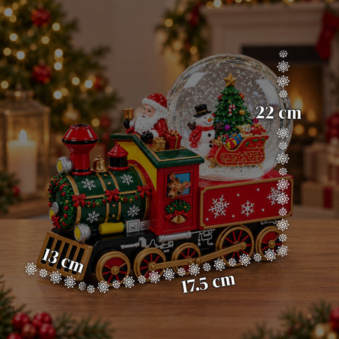 Kerstmuziekdoos met een glazen sneeuwbol in de vorm van een locomotief, de kerstman in de trein, mechanisch opwindbaar, afmetingen 22x13x17,5 cm
