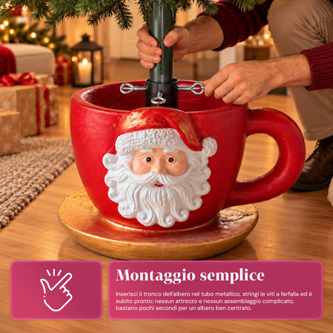 Kerstboomstandaard in de vorm van een kopje met reliëfafbeelding van de kerstman, universele opening van 4 cm, voor stammen tot 180 cm, gewicht 6 kg