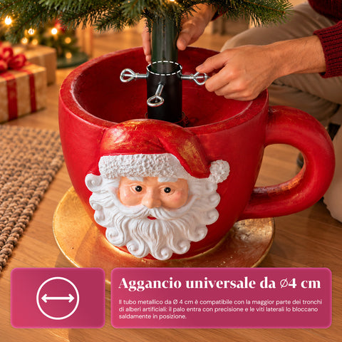 Kerstboomstandaard in de vorm van een kopje met reliëfafbeelding van de kerstman, universele opening van 4 cm, voor stammen tot 180 cm, gewicht 6 kg