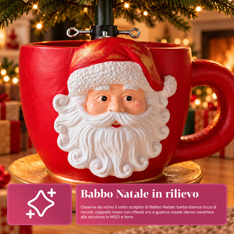 Kerstboomstandaard in de vorm van een kopje met reliëfafbeelding van de kerstman, universele opening van 4 cm, voor stammen tot 180 cm, gewicht 6 kg