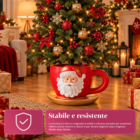 Kerstboomstandaard in de vorm van een kopje met reliëfafbeelding van de kerstman, universele opening van 4 cm, voor stammen tot 180 cm, gewicht 6 kg