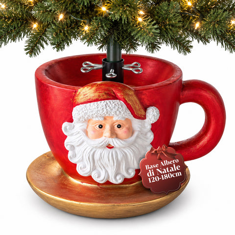 Kerstboomstandaard in de vorm van een kopje met reliëfafbeelding van de kerstman, universele opening van 4 cm, voor stammen tot 180 cm, gewicht 6 kg