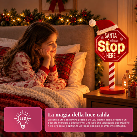 Lichtgevend bord Santa Stop Here 51 cm, LED-kerstdecoratie