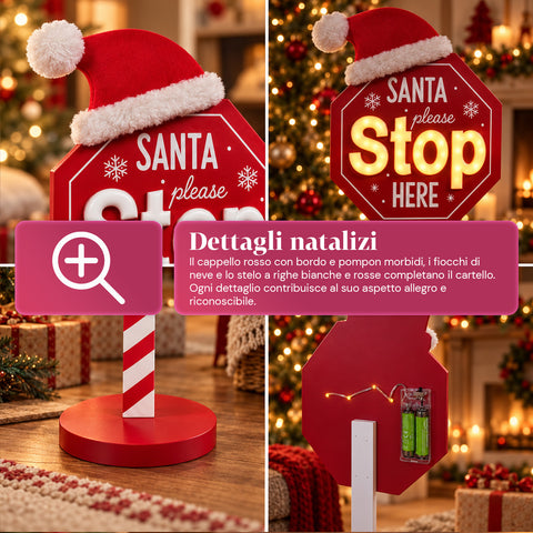 Lichtgevend bord Santa Stop Here 51 cm, LED-kerstdecoratie