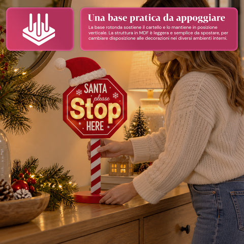 Lichtgevend bord Santa Stop Here 51 cm, LED-kerstdecoratie