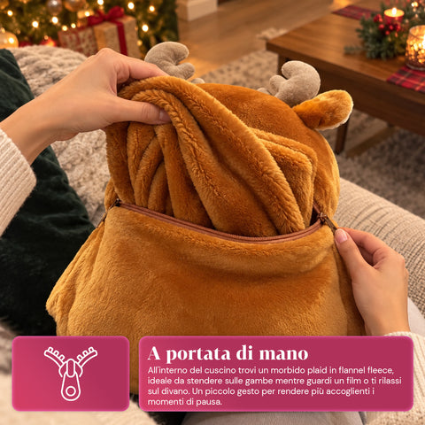 Kerstkussen met plaid van 60x90 cm en handwarmer 3-in-1, verkrijgbaar met 3 personages